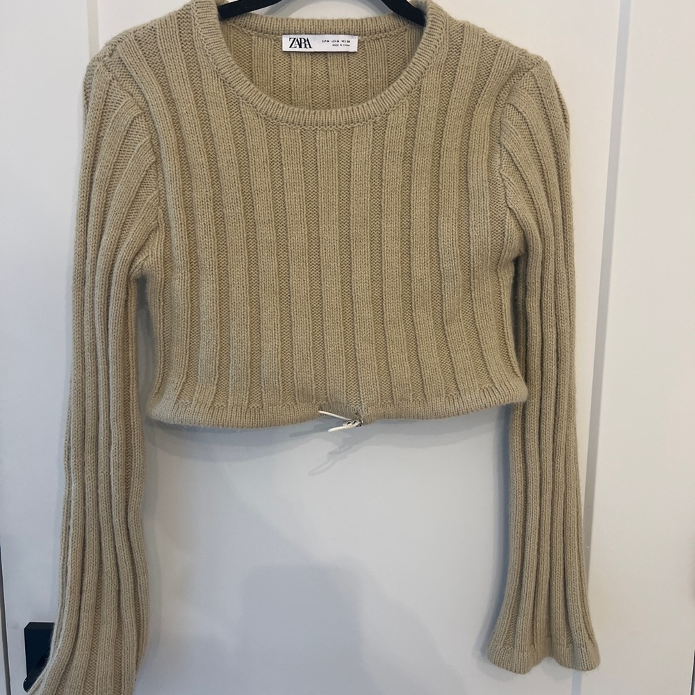 Zara Tan Ribbed Knit Cropped Sweater